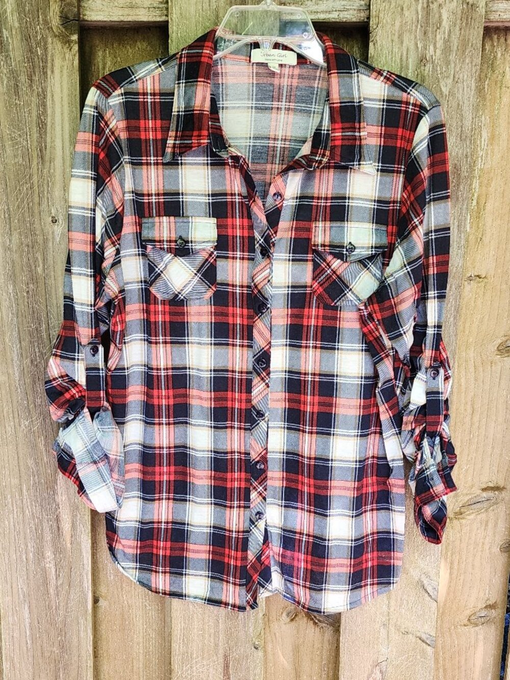 GUC Women's 1X Urban Girl plaid long sleeve button up stretchy shirt